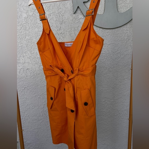 Chic Sexy Slim Orange Elegant Breasted Buckled Dress Belt Side Pockets Mustard - Picture 2 of 16